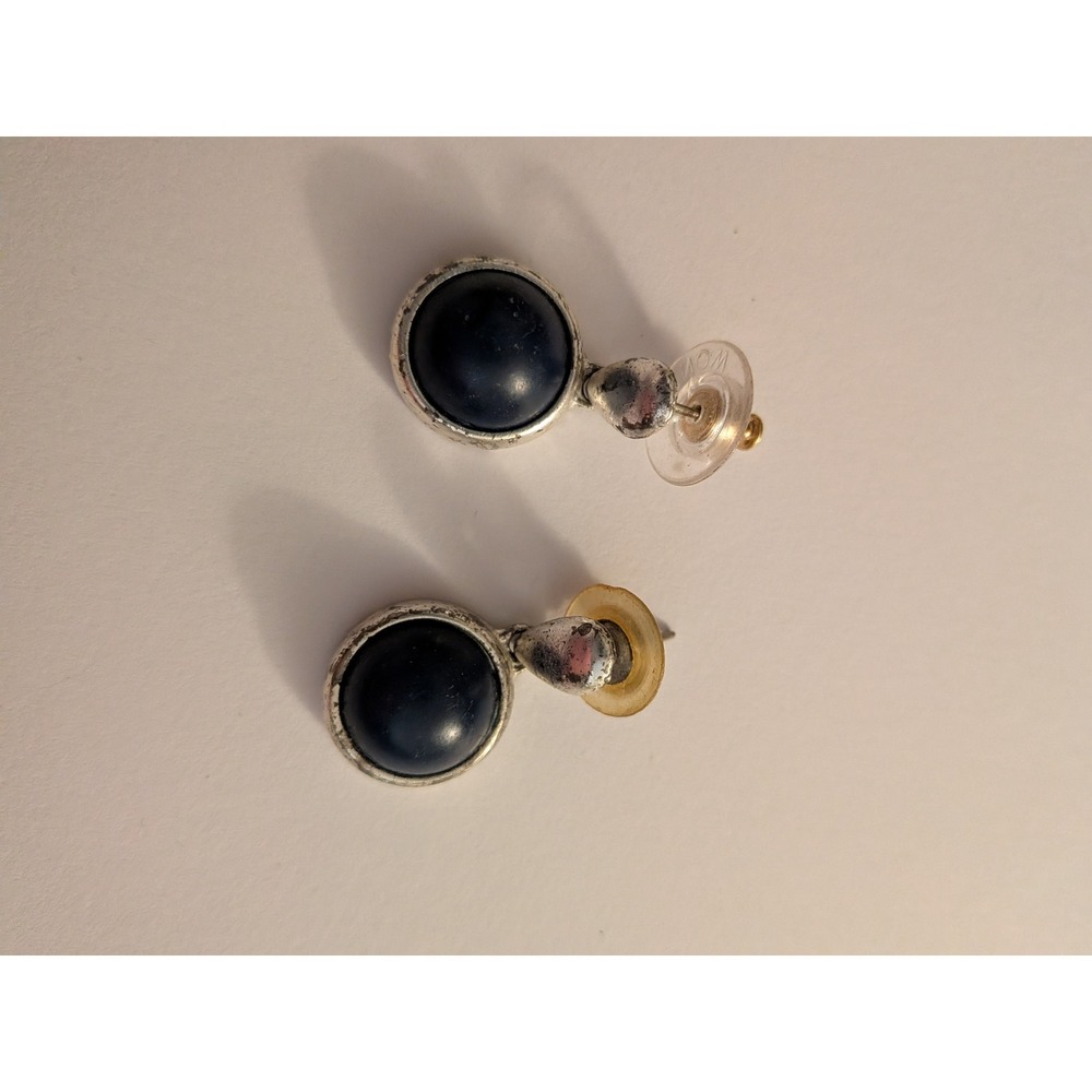 Monet‎ Vintage Silver Tone Navy Blue Cabochon Drop Post Back Earrings